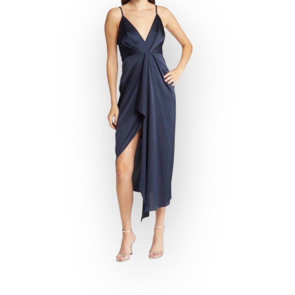 Navy Blue Satin Ruffled Midi Dress! Size Medium NWOT